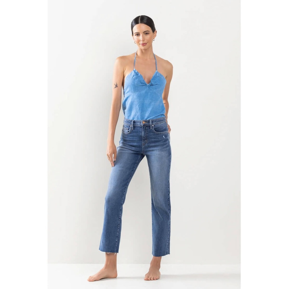 Whetherly “James High Rise Straight Wide Leg” Ankle Length Jeans With Raw Hem